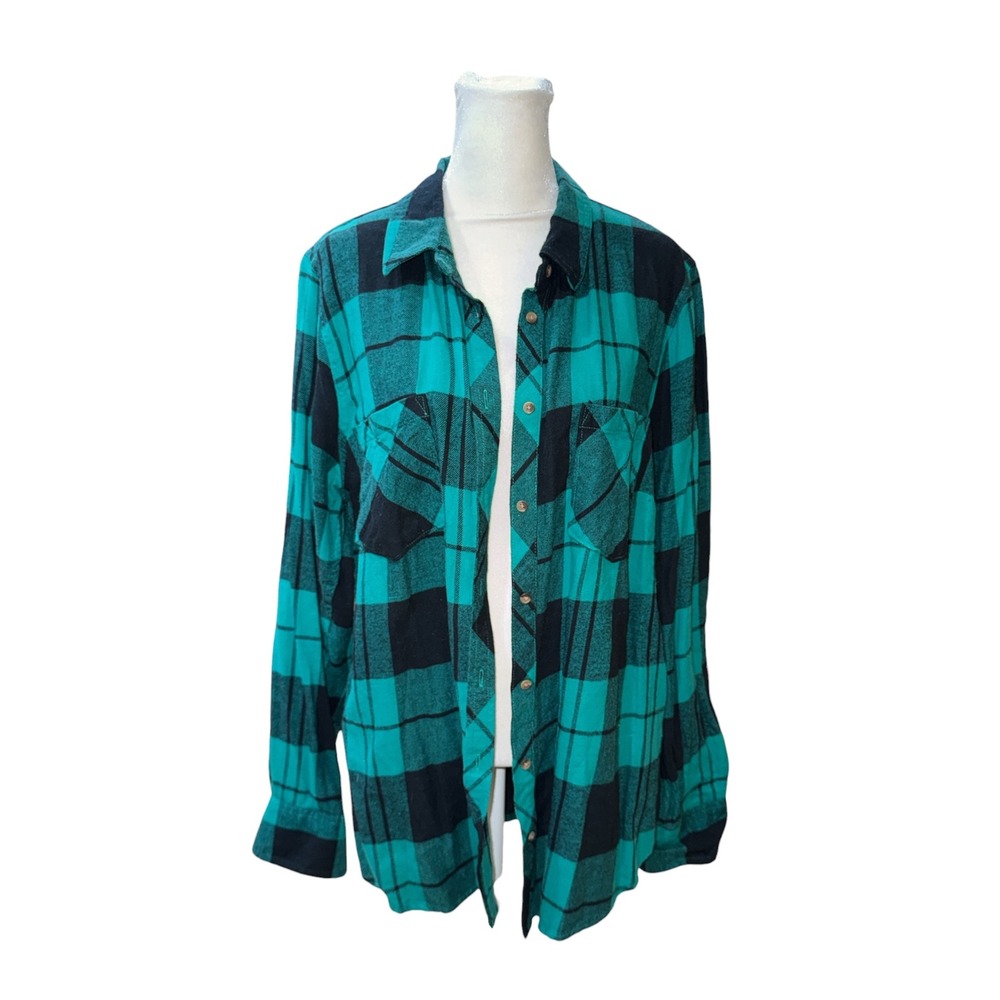 Merona Teal Black Buffalo Plaid Flannel Mens XL Long Sleeve Cotton Button Up